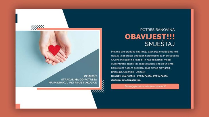 POMOĆ STRADALIMA OD POTRESA - SMJEŠTAJ OBITELJI
