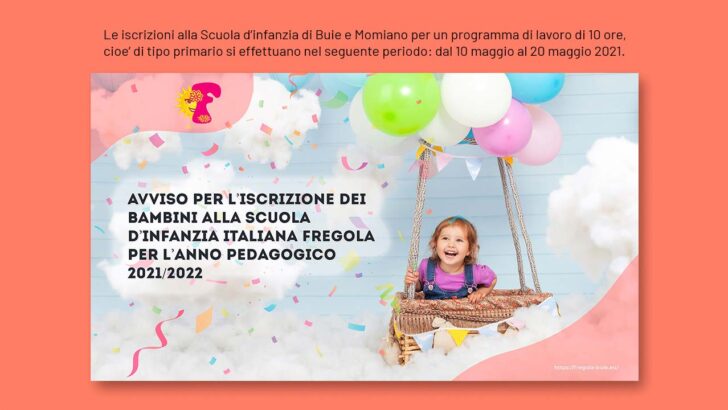Avviso per l’iscrizione dei bambini alla Scuola d’infanzia italiana Fregola per l’anno pedagogico 2021/2022