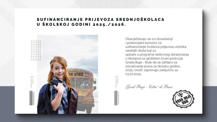 Sufinanciranje prijevoza srednjoškolaca u školskoj godini 2025./2026.