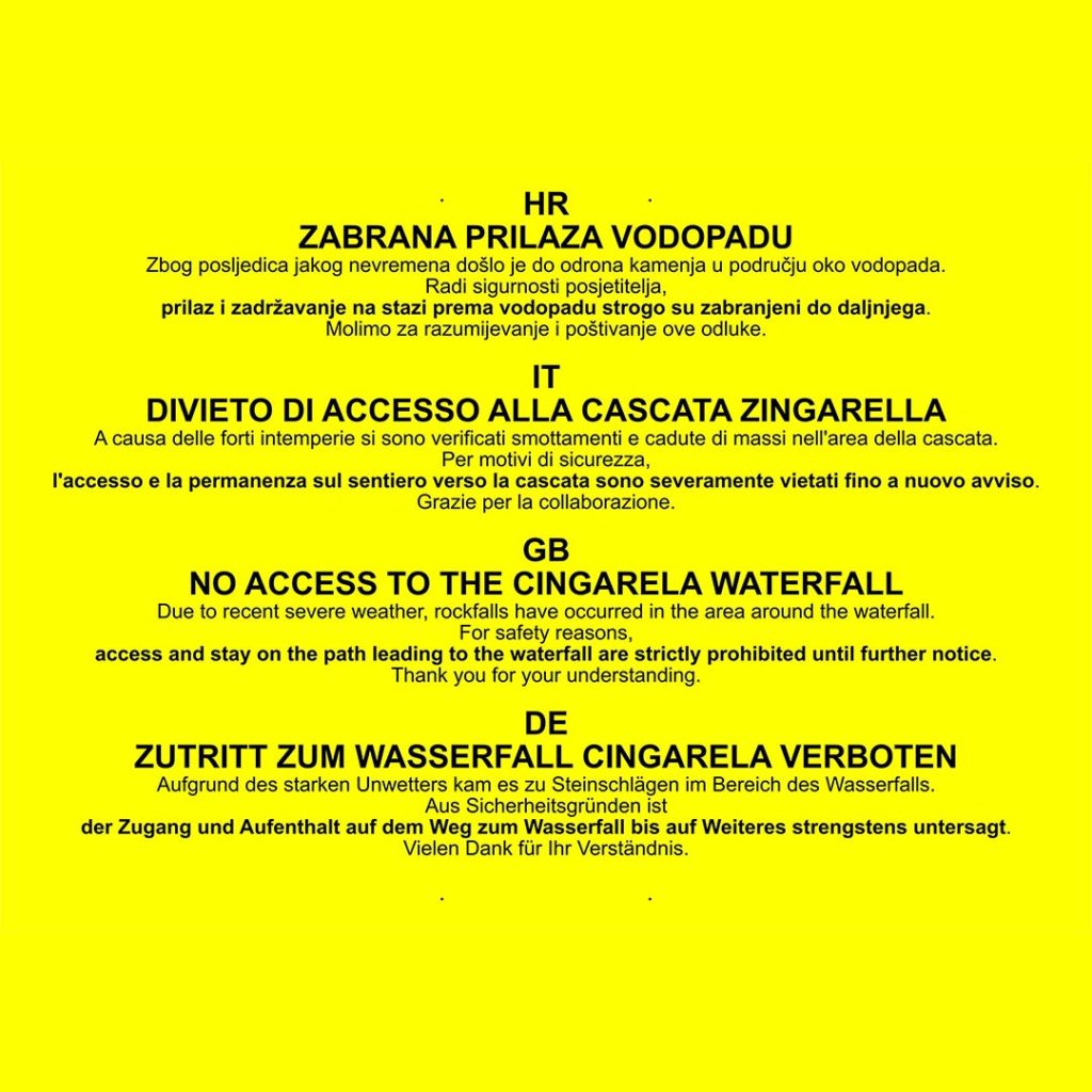 Upozorenje - vodopad Cingarela