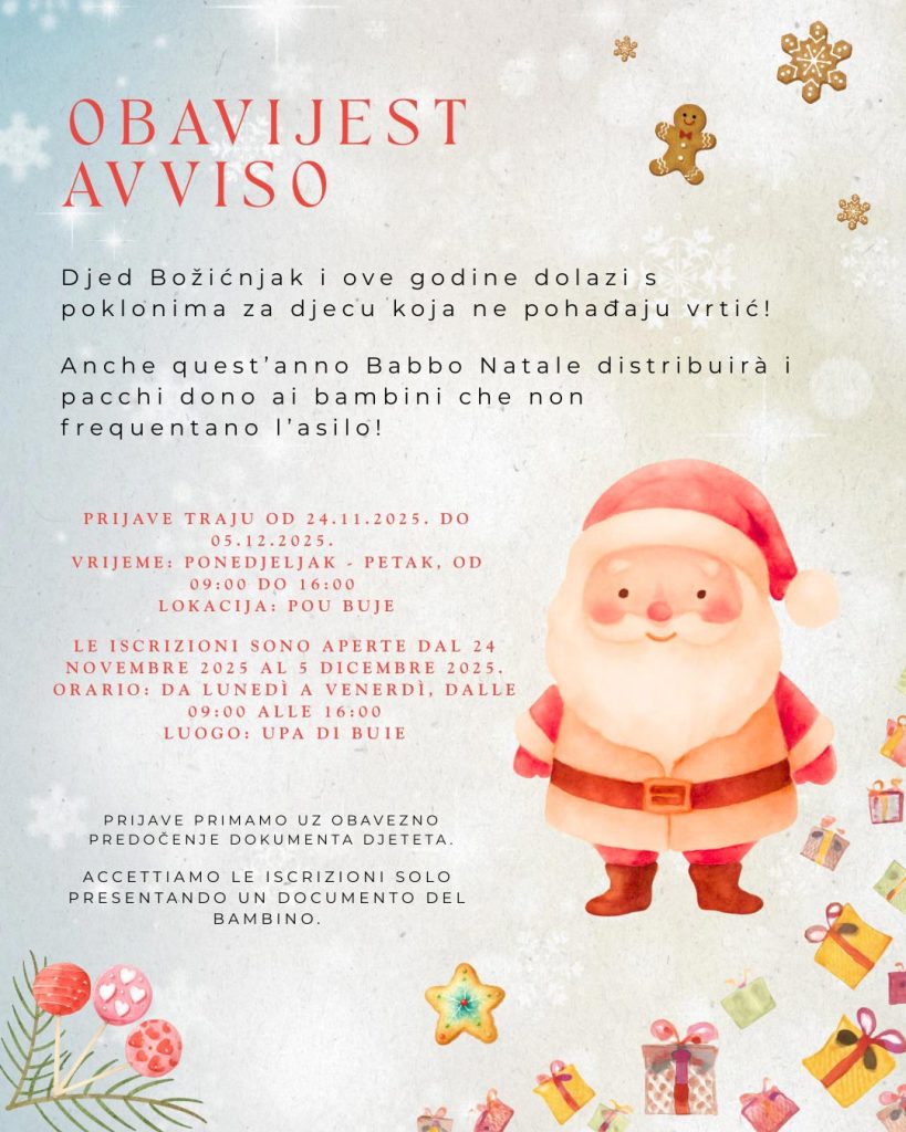 Prijave za poklone Djeda Božićnjaka za djecu koja ne pohađaju vrtić