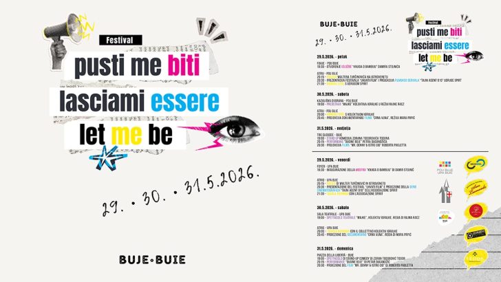 Festival “Pusti me biti” od 29. do 31. svibnja 2026. u Bujama donosi filmove, predstave, performanse, poeziju i razgovore uz besplatan ulaz.