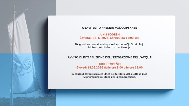 Obavijest o prekidu vodoopskrbe – Juki i Todeški, četvrtak 18. 6. 2026. od 9:00 do 13:00 sati